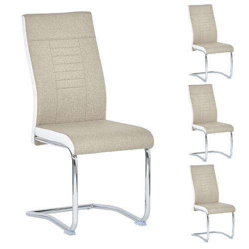 Lot De 4 Chaises De Salle À Manger Ou Cuisine Alba Avec Assise Rembourrée Et Piètement Chromé, Revêtement En Tissu Beige Et Blanc