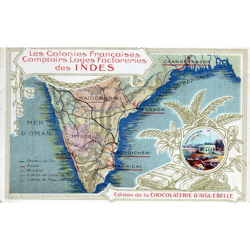 Carte Ancienne Theme Cartographie - Les Colonies Francaises - Comptoirs Loges Factoreries Des Indes - Editions De La Chocolaterie D'aiguebelle 14 Cm X 9 Cm