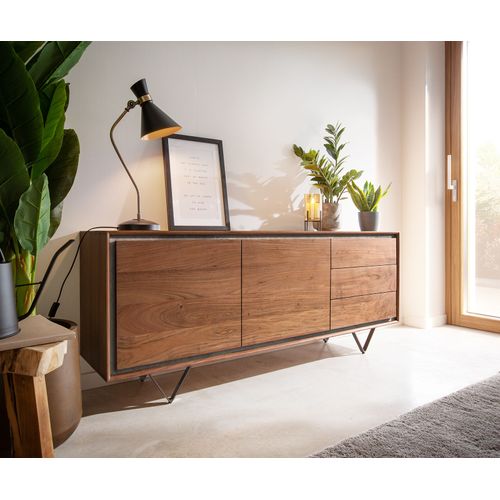 Commode Stonegrace Acacia Marron Plaqu? Pierre 175 Cm 2 Portes 3 Tiroirs Pied En V Noir Sideboard