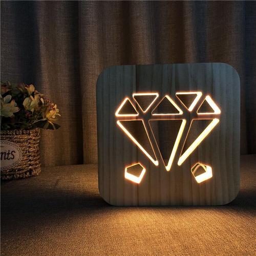 Lampe Led En Bois Massif Sculpté En Diamant, Modèle 3d, Veilleuse Pour Chambre D'enfant, Pour Amoureux, Cadeau De Nouvel An, Décoration De Mariage