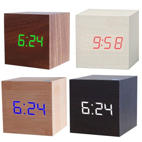 Réveil numérique LED USB carré en bois, réveil de bureau, Table, commande vocale, décoration