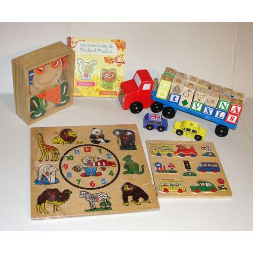 Jouet En Bois Lot 5 Articles Camion Lettres Melissa Et Doug +Puzzles Livre Horloge Jouets 1er Age