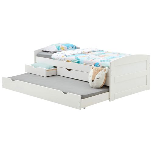 Lit Gigogne Jessy Lit Enfant Fonctionnel Avec Tiroir-Lit Et Rangement 3 Tiroirs, Couchage 90x190 Cm, En Pin Massif Lasuré Blanc