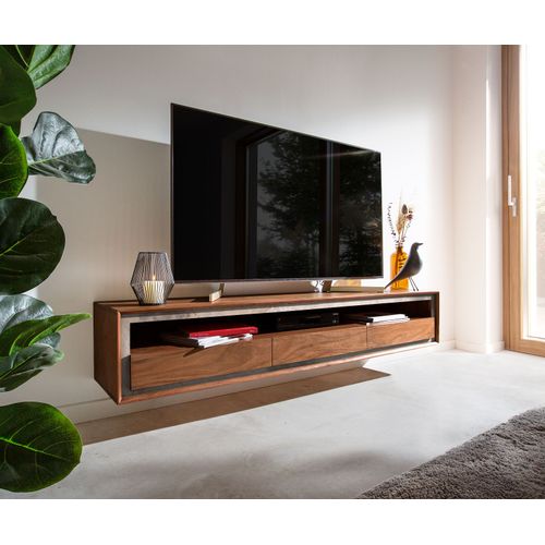 Meuble-Tv Stonegrace Acacia Marron Plaqu? Pierre 175 Cm 3 Tiroirs 1 Compartiment Lowboard Flottant