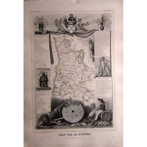 (Levasseur) Grande Carte Décorée Département De La Drôme. 1852 Auvergne Tbe
