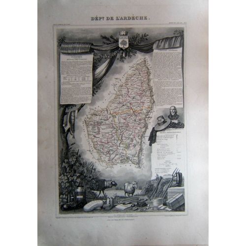 (Levasseur) Grande Carte Décorée Département De L'ardèche. 1852. Auvergne Tbe