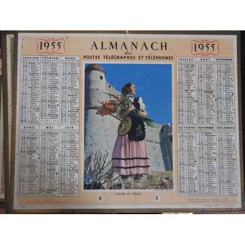 Calendrier Almanach Ptt 1955 / Jeune Femme Fleurs Soleil