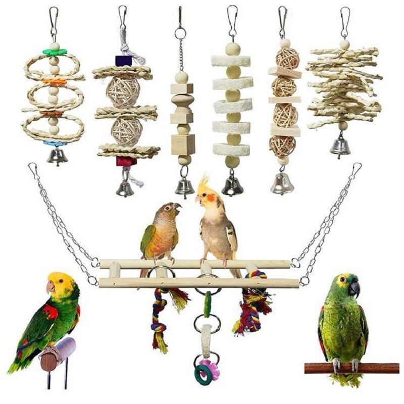 Support De Balançoire En Bois Pour Animal De Compagnie, Perroquet Oiseau, Jouets, Perruche, Cage, Morsure, Formation À La Mastication, Cloche, Perche, Hamac