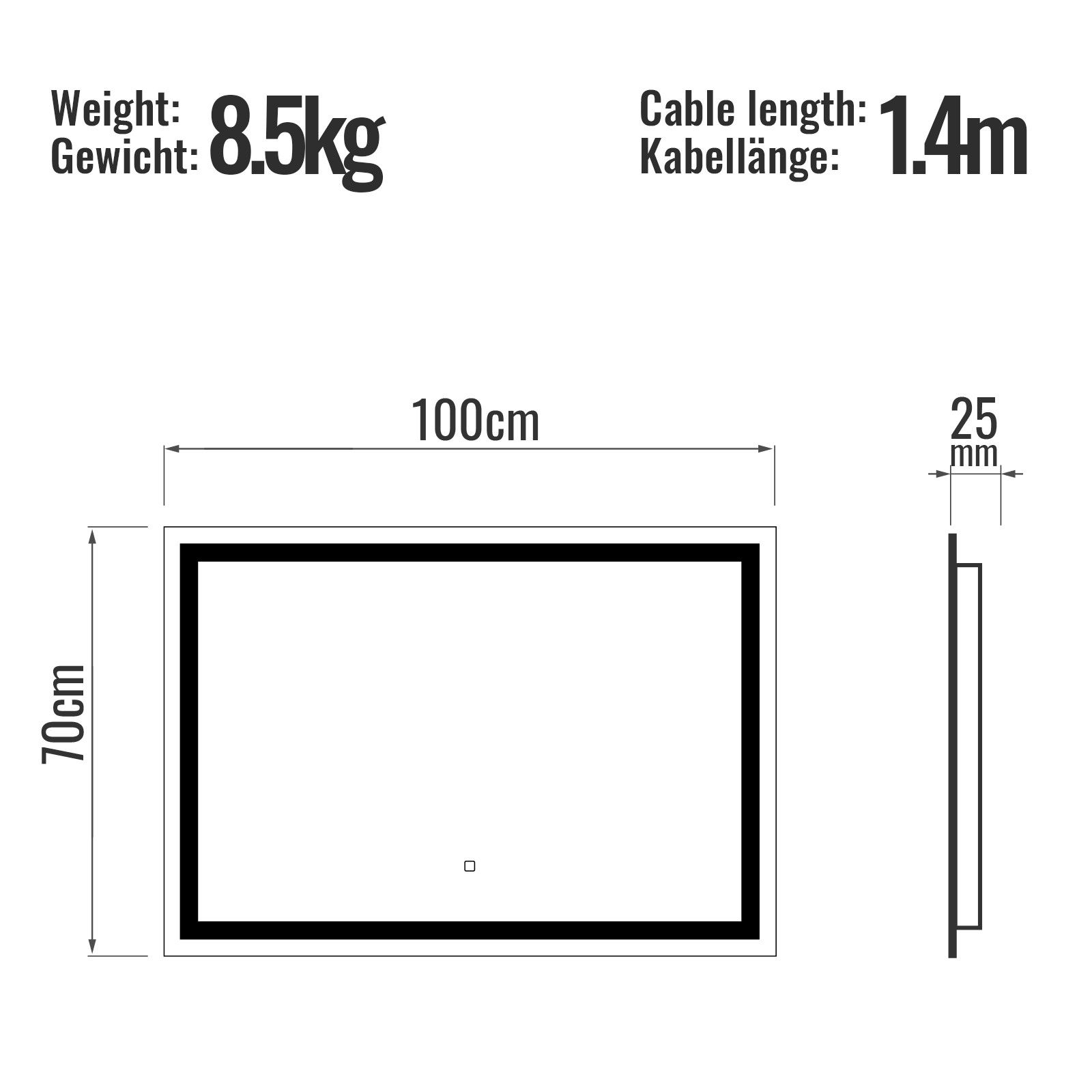 Miroir de décoration Aquamarin ® Miroir Salle de Bain LED - 100 x 70 cm,  CEE:A++, Tactile, Mural, Éclairage Blanc Froid/Chaud/Neutre, Fonction  Mémoire, Anti-Buée - Miroir