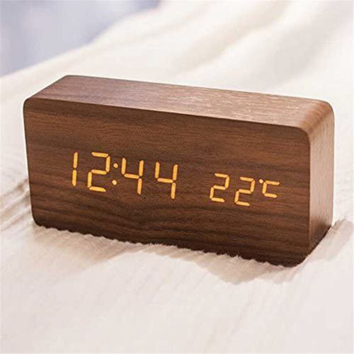 Réveil de Table en bois à LED, horloge de bureau électronique à commande vocale, affichage de la température double