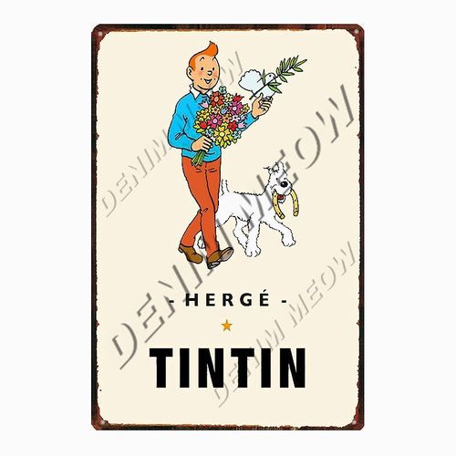 20x30cm - Affiche Métallique Vintage De Dessin Animé Tintin Herge Tintin, Signe En Métal Shabby Chic, Art Décor De Chambre D'enfants, Cadeau Autocollants Muraux Wy108