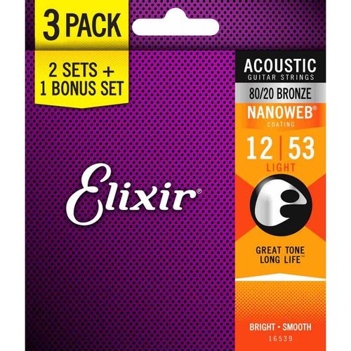 Elixir Nanoweb 16539 - Pack De 3 Jeux De Cordes Acoustiques - Light 12-53