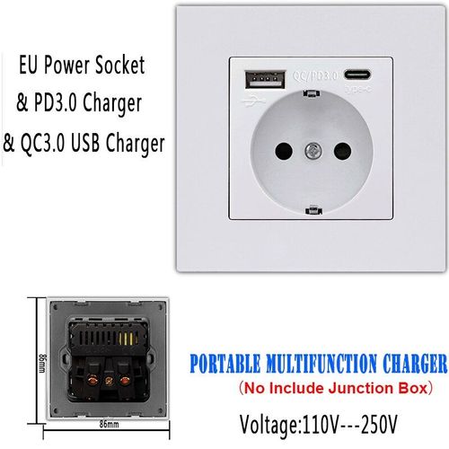 Adaptateur de charge rapide pour téléphones portables, Port USB Type C, prise murale côté verre ue, prise de courant 110V-250V