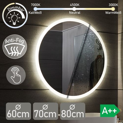 Aquamarin® Miroir de Salle de Bain LED - Rond Ø 80 cm, CEE:A++, Mural, Éclairage Blanc 3 en 1, Tactile, Anti-Buée, Fonction Mémoire - Miroir Cosmétique, de Maquillage