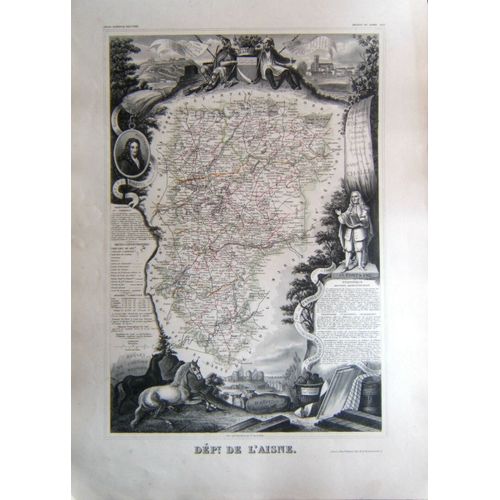 (Levasseur) Grande Carte Décorée Département De L'aisne. 1852 Hauts-De-France