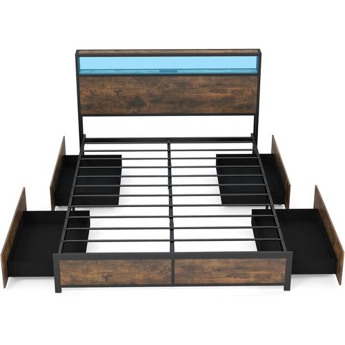 Cadre De Lit Double Avec Led Charge 300kg Industriel Marron 140x200cm