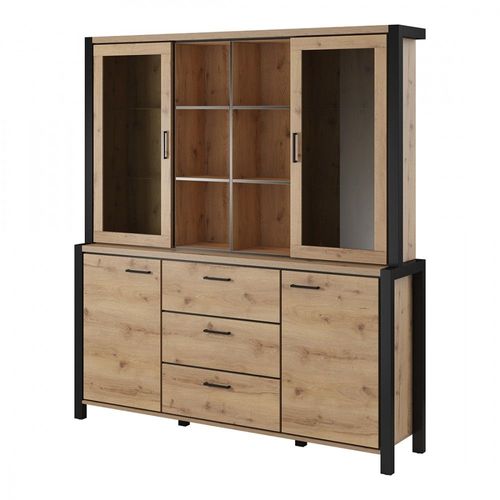 Ensemble Buffet Et Huche Avec Éclairage Led Collection Bowie. Meuble 4 Portes, 3 Tiroirs. Couleur Chêne Et Noir