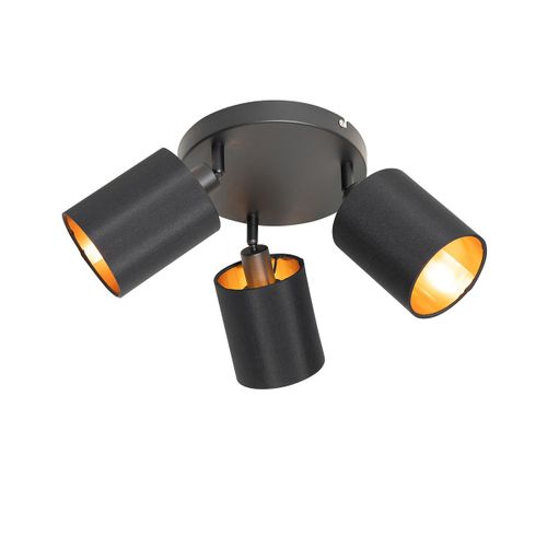 Qazqa Moderne Plafonnier Spot Zwart Met Gouden Binnenkant 3-Lichts - Lofty Acier /Tissu Noir,Doré/Laiton Rond / Luminaire / Lumiere / Éclairage / Intérieur / Salon / Cuisine E14 Max. 3 X 25...
