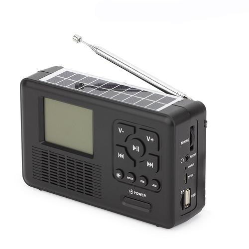 Radio solaire AM/FM, portable, avec batteries rechargeable manivelle dynamo, port USB, pour le camping, les voyages - Noire