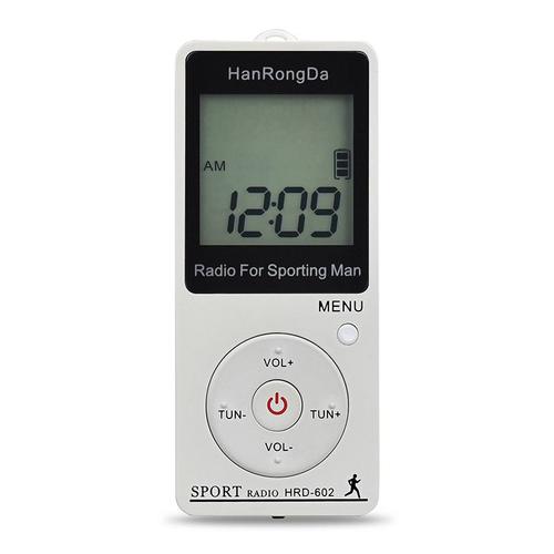 HanRongDa HRD-601 Mini Radio de Poche Portable Am/FM, podomètre intégré - Sport - stéréo personnelle Mini récepteur avec écran LCD USB Rechargeable - Blanc