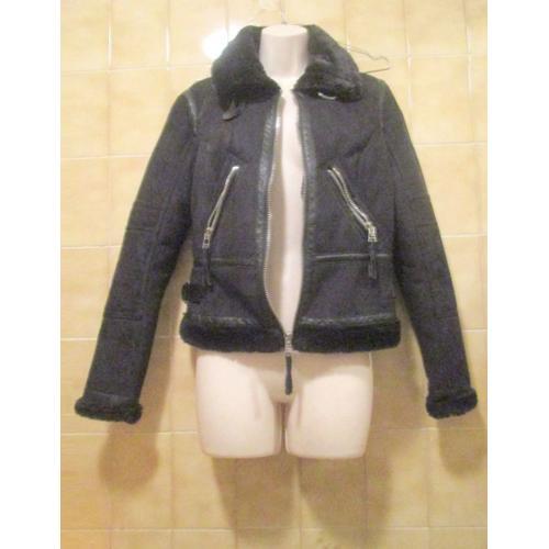 Blouson Noir Veste Style Perfecto Bershka Neuf, Toucher Peau Fausse Fourrure, T. 36