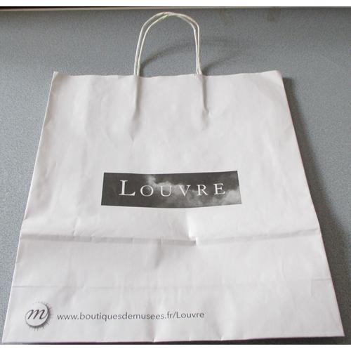 Grand Sac Papier Épais Publicitaire Blanc Avec Mention Louvre Sur Bandeau Noir - 36x40x12cm - 2 Anses De Portage - Petite Mention Boutiques De Musées Au Bas - 2 Faces Identiques