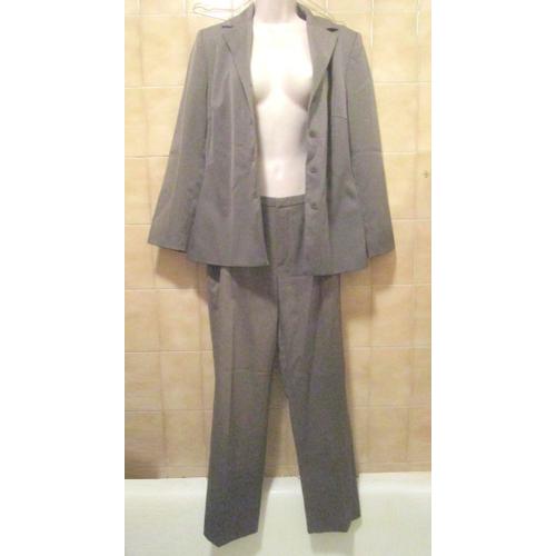 Ensemble Tailleur Veste Pantalon Gris Proche Du Vert Kaki Foncé, Mexx, T. 36