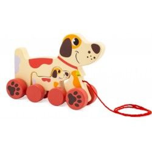 Maman Chien Et Son Petit À Trainer En Bois