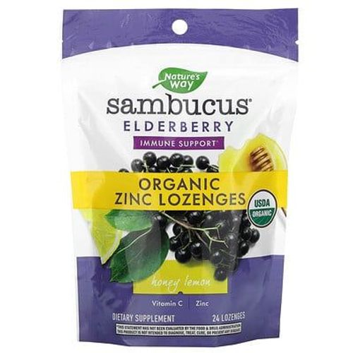 Nature's Way, Sambucus, Pastilles De Zinc Aux Baies De Sureau Biologiques Avec Vitamine C, Miel Et Citron, 24 Pastilles