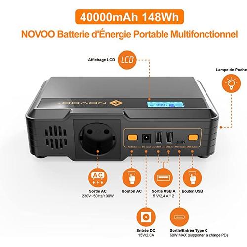 Novoo Station D'alimentation Portable 40000mah 148wh Powerbank Batterie Externe Alimentation Mobile Avec Prise 220v/100w,Usb-C Pd 60w,2x Usb-A,Lampe De Poche Pour Cpap100w,Outdoor,Travel,Camping