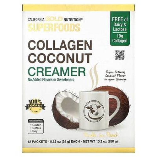 California Gold Nutrition, Superfoods, Succédané De Crème De Noix De Coco Au Collagène, Sans Sucre, 12 Sachets De 24 G Chacun