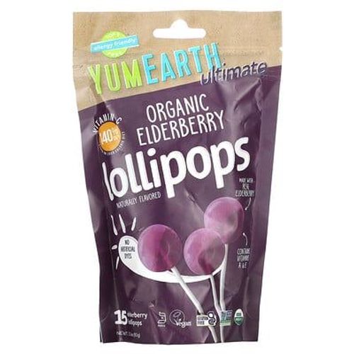 Yumearth, Ultimate, Sucettes Aux Baies De Sureau Biologiques, 15 Sucettes, 93 G