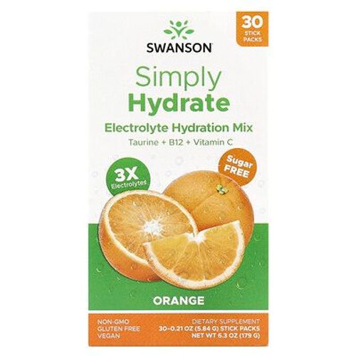 Swanson, Simply Hydrate, Mélange D'hydratation Et D'électrolytes, Sans Sucre, Orange, 30 Sachets En Stick, 5,84 G Chacun