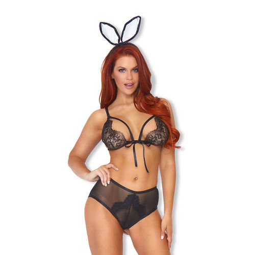 Ensemble Dentelle Et Satin Bunny Noir Noir - Leg Avenue