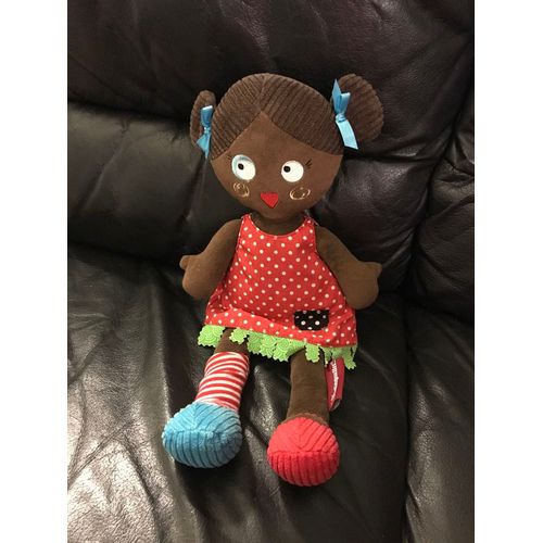 Doudou Poupée Paulette Les Mistinguettes , Robe Rouge À Pois, Rayé Rouges Et Blanc , Pied Bleu Et Rouge Les Deglingos 35 Cm