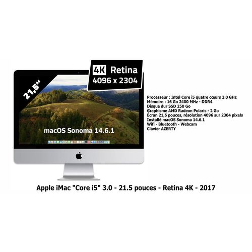 Apple iMac Retina 4K 2017 21.5" Intel Core i5 - 3 Ghz - Ram 16 Go - SSD 250 Go