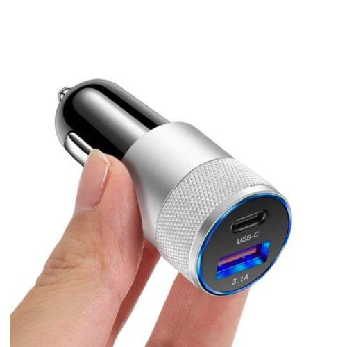 Chargeur Allume Cigare Type C + Type Usb A 68 Watts Couleur Argent & Noire