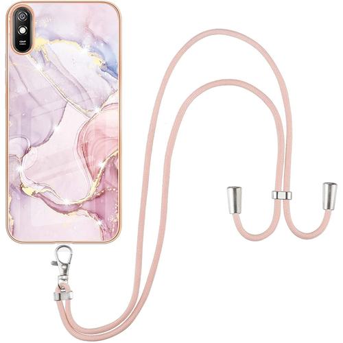 Coque Pour Xiaomi Redmi 9a Avec Cordon De Collier, Marbre Silicone Paillette Antichoc Souple Silicone Collier Housse Téléphone Avec Réglable Lanyard Anti-Jaune Housse