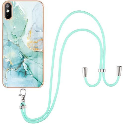 Coque Pour Xiaomi Redmi 9a Avec Cordon De Collier, Marbre Silicone Paillette Antichoc Souple Silicone Collier Housse Téléphone Avec Réglable Lanyard Anti-Jaune Housse