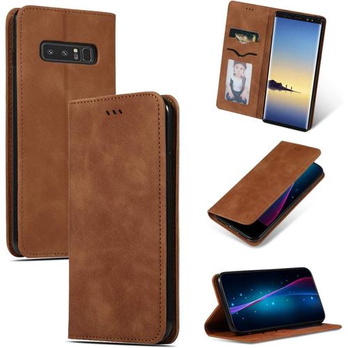 Coque Samsung Galaxy Note 8+ Protection Écran, Housse En Cuir Magnétique Étui Portefeuille Livre Etui Pour Samsung Note 8-Brown