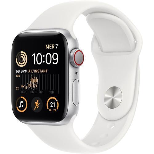 Apple Watch Se (Gps + Cellular) - 2e Génération - 40 Mm - Aluminium Argenté - Montre Intelligente Avec Bracelet Sport - Fluoroélastomère - Blanc - Taille Du Bracelet : Normal - 32 Go - Wi-Fi...