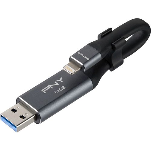 PNY Duo-Link On-the-Go 3.0 - Clé USB - 64 Go - USB 3.0 / Lightning - gris métal