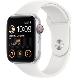 Apple Watch Se (Gps + Cellular) - 2e Génération - 44 Mm - Aluminium Argenté - Montre Intelligente Avec Bracelet Sport - Fluoroélastomère - Blanc - Taille Du Bracelet : Normal - 32 Go - Wi-Fi...