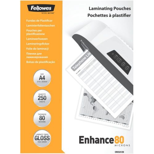 Fellowes Laminating Pouches - 80 microns pack de 250 - brillant - 216 x 303 mm pochettes plastifiées
