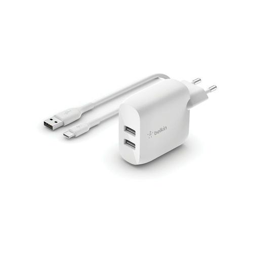 Chargeur secteur Belkin 24W 2xUSB-A + Cable USB-C 1m blanc