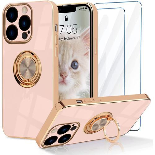 Poseedor-T Coque Pour Iphone 14 Pro(6.1"") Etui Avec 2 Verre Trempé Protection Écran, Support Rotatif À 360° Support De Voiture Silicone Antichoc Housse, Étui Ultra-Fin Pour Femme Rose Clairt9387