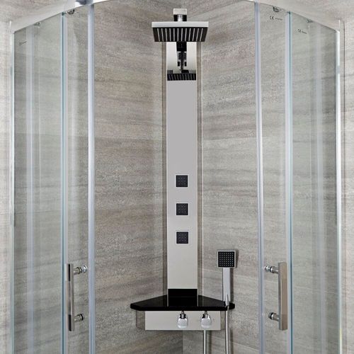 Colonne de douche thermostatique d?angle avec pommeau, douchette, buses hydromassantes et étagère ? Chromé et noir - Earby