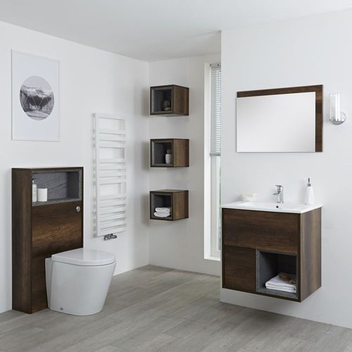 Meuble Lavabo 46.5x81cm - Niche 30cm - Miroir Et  Pack Wc - Hoxton Chêne Foncé