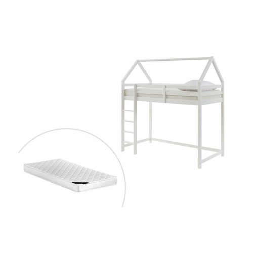 Lit Mezzanine Cabane 90 X 190 Cm - Pin - Blanc + Matelas - Tarzia