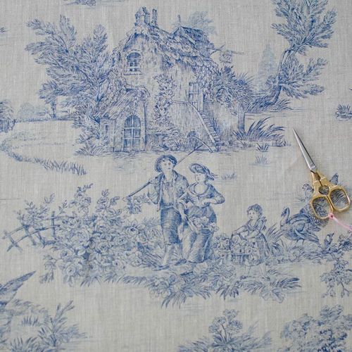 Pastorale En Lin Façon Toile De De Jouy En Bleu Sur Écru [Au Demi-Mètre]